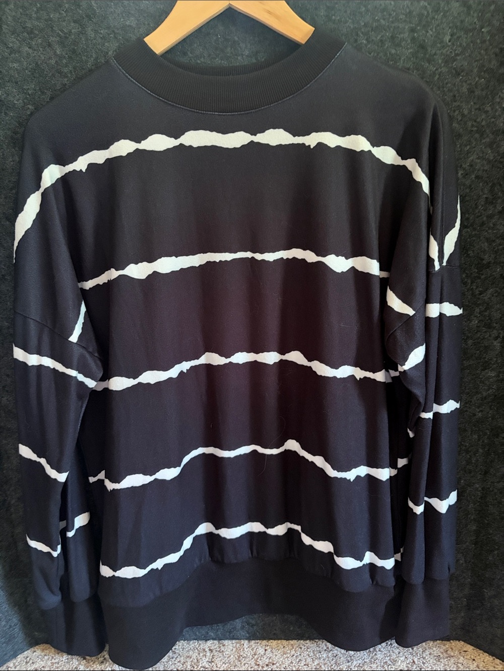 Black Sweatshirt with White Horizontal Wave Stripes